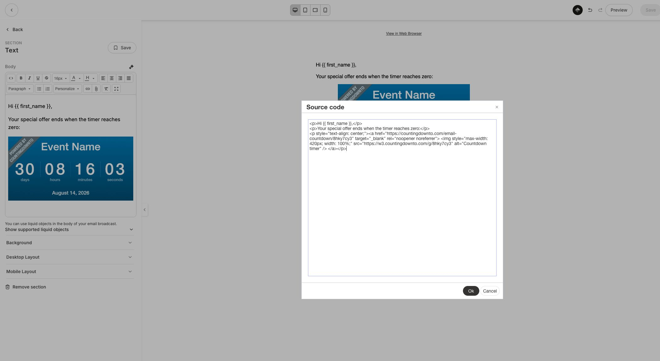 CountingDownTo countdown HTML pasted into the Source code dialog in Kajabi