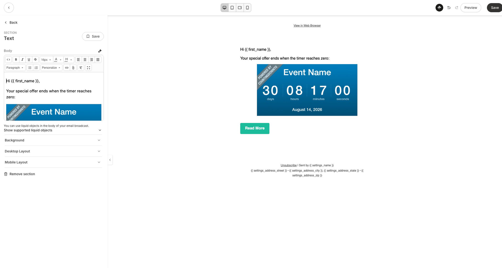 Animated countdown timer displayed in the Kajabi email editor