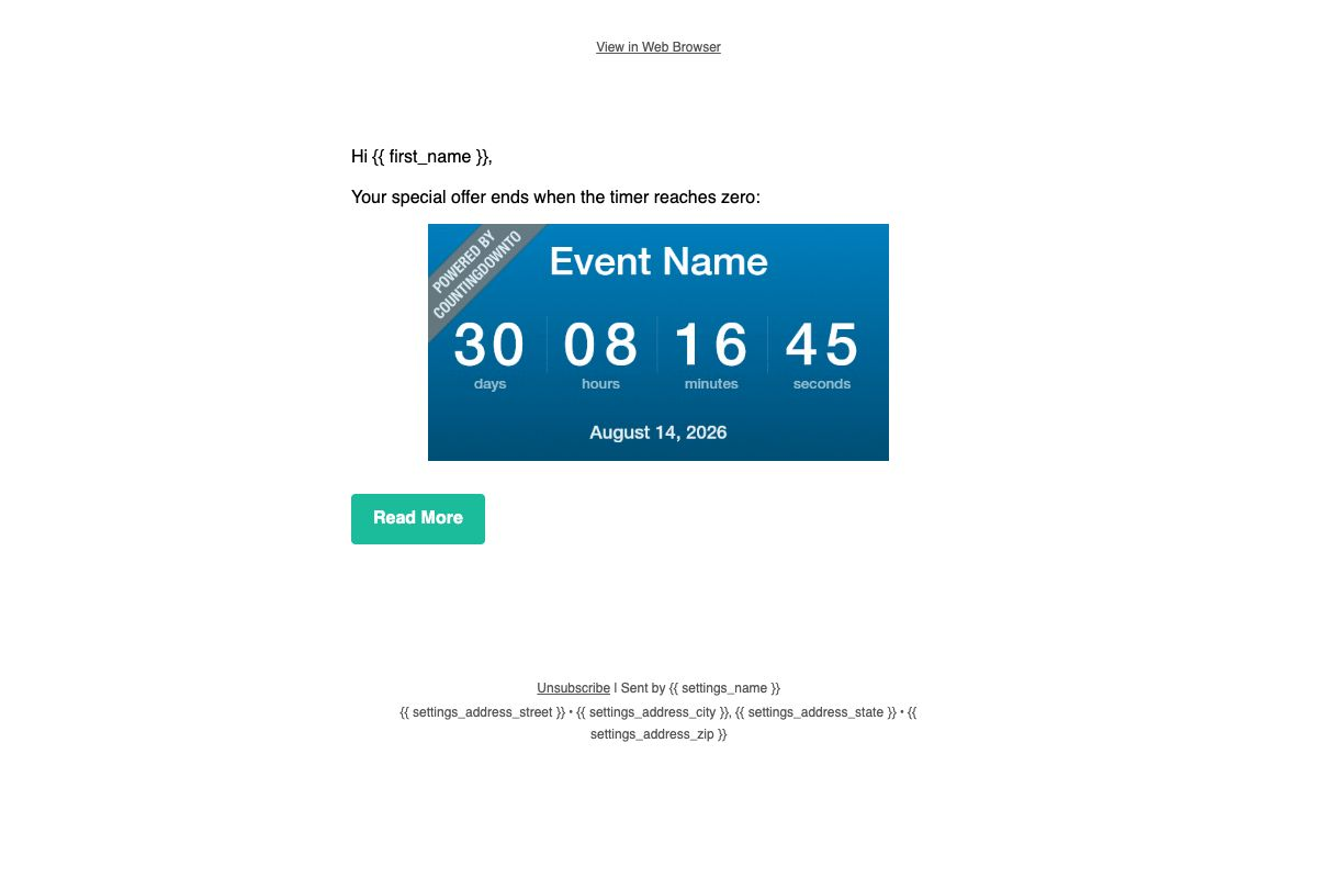 Kajabi email Preview showing a CountingDownTo animated countdown timer